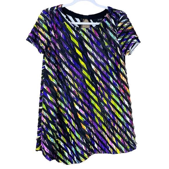 Ali Miles Multicolor Striped Short Sleeve Tunic Top Asymmetrical Hem Size Medium - Picture 1 of 10